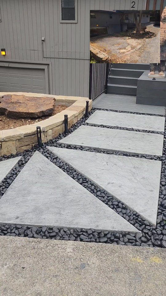 Stamped concrete walkway with black pebble inlay and stone planter, Highland Village TX